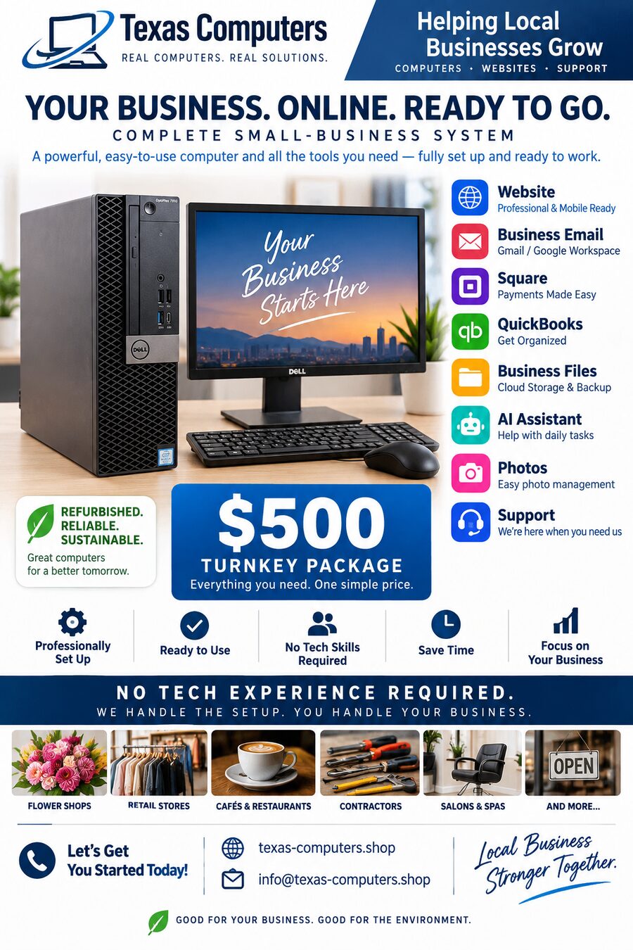 $500 Turnkey Package — Texas Computer Shop refurbished PC and business setup